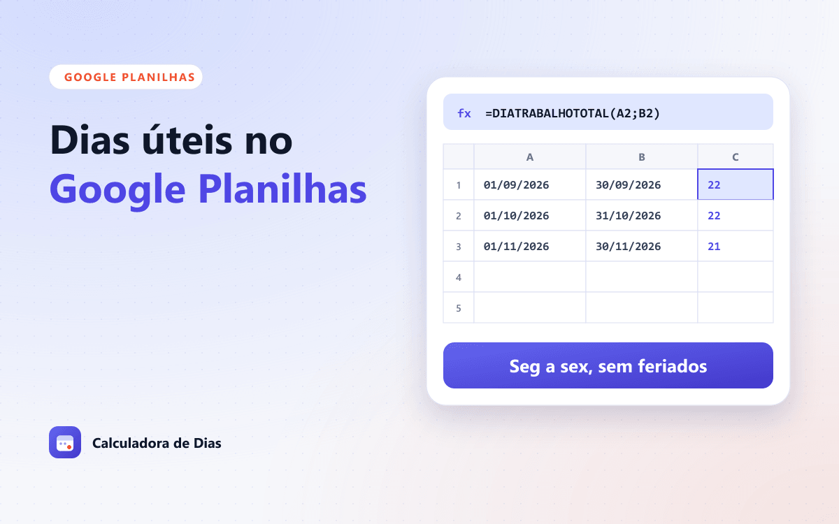 Planilha no estilo Google Planilhas com calendário de novembro de 2026, dias úteis marcados, fins de semana em cinza e coluna de feriados