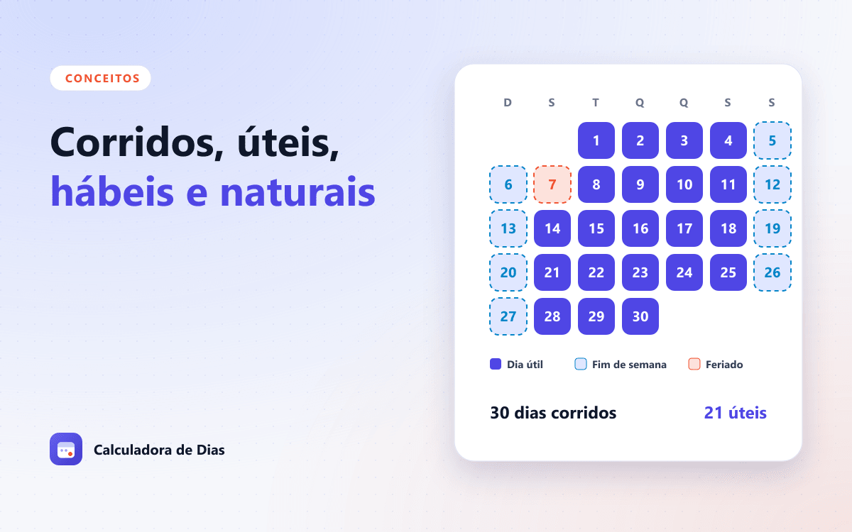 Calendário mensal com dias de semana, fins de semana e feriados destacados em cores diferentes